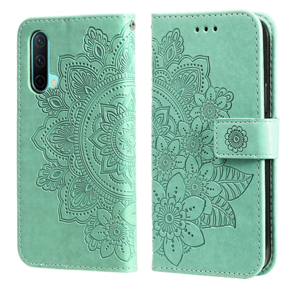 Green embossed floral PU leather flip phone case with card slots and holder strap