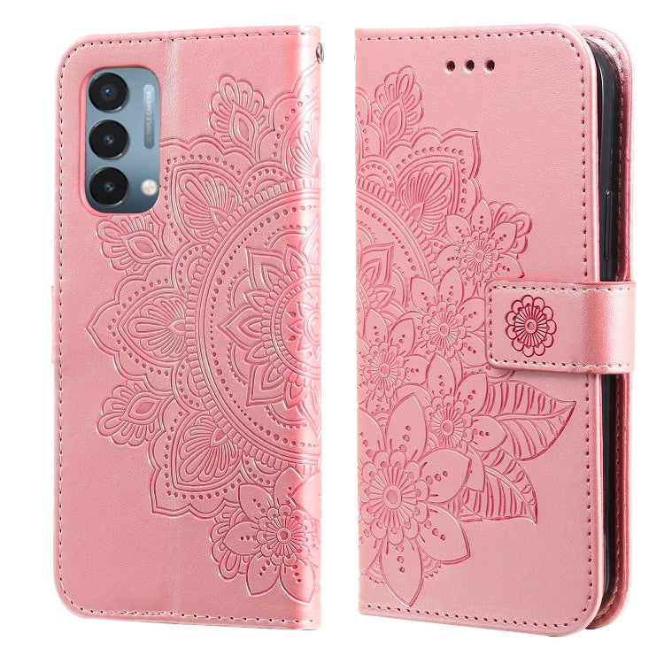 Pink PU leather flip phone case with embossed 7-petal flower pattern and strap