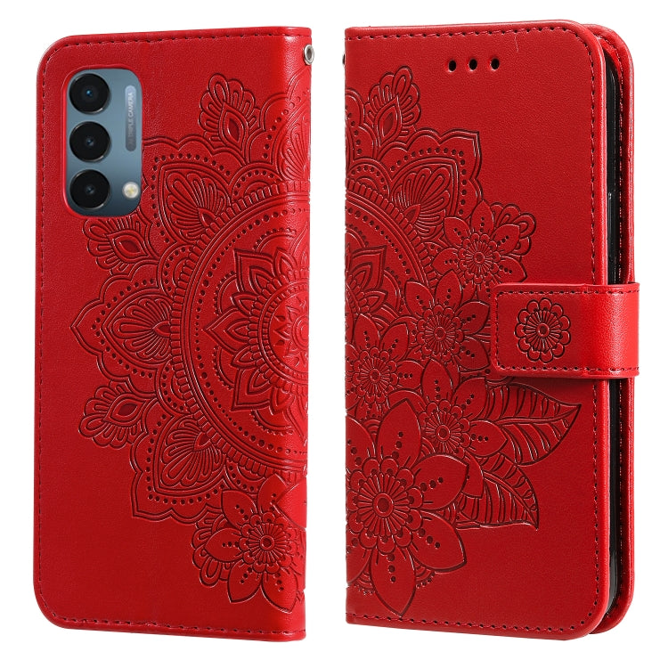 Red PU leather flip phone case with embossed 7-petal flower pattern and strap