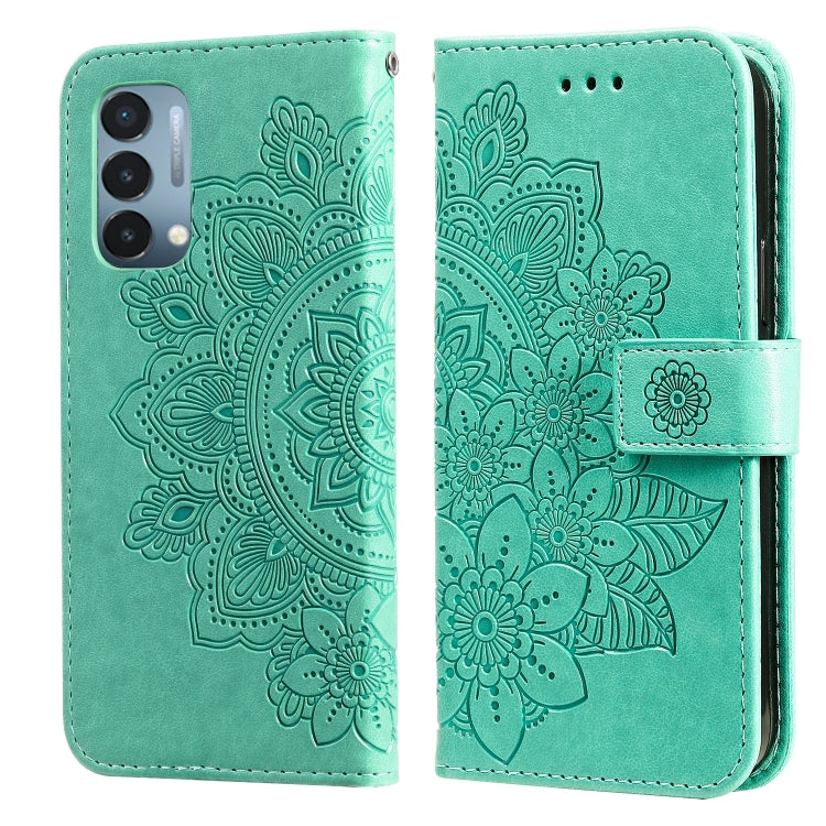 Teal PU leather flip phone case with embossed 7-petal flower pattern and strap