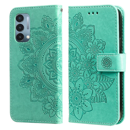Teal PU leather flip phone case with embossed 7-petal flower pattern and strap