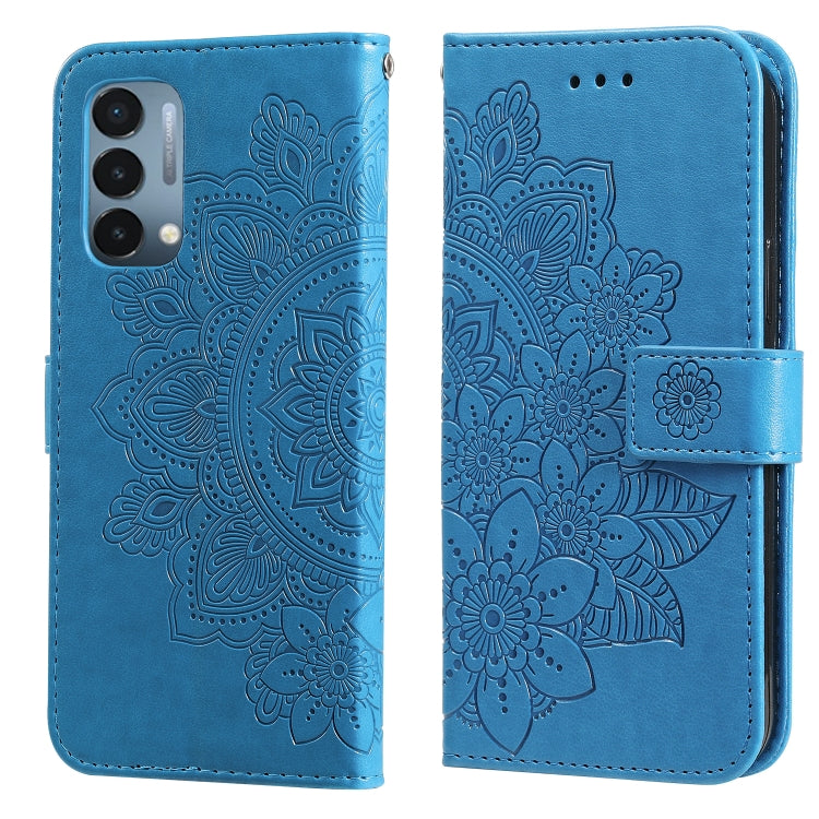 Blue PU leather flip phone case with embossed 7-petal flower pattern and strap
