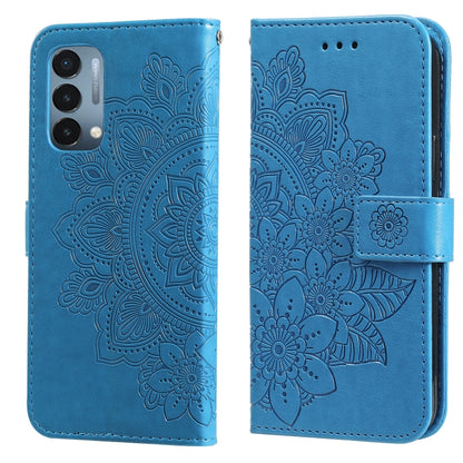 Blue PU leather flip phone case with embossed 7-petal flower pattern and strap