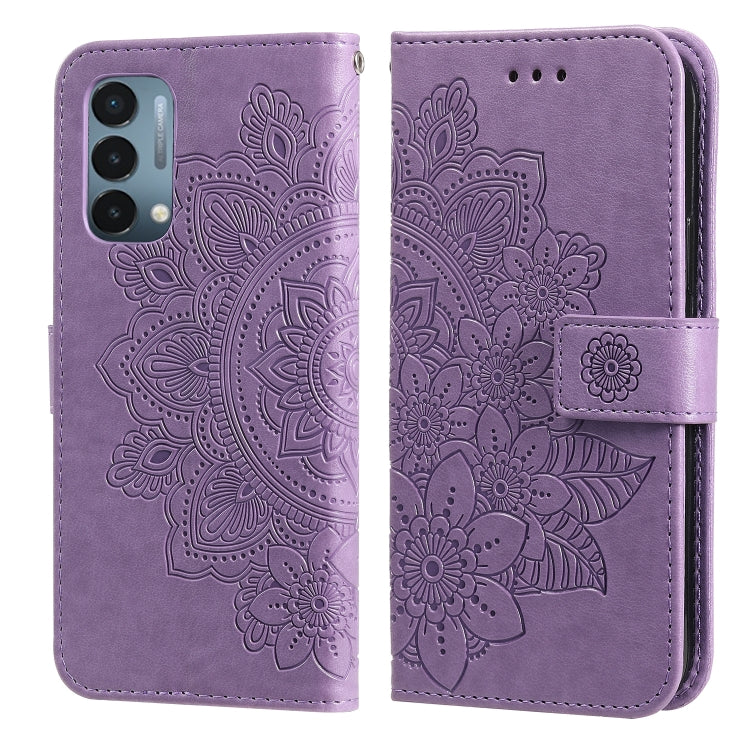Lavender PU leather wallet phone case with embossed 7-petal flower pattern and flip cover