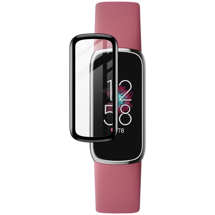 Clear curved watch screen protector film on a pink fitness tracker band.