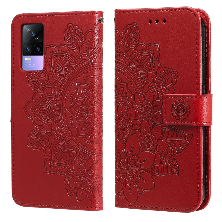 Red embossed floral wallet phone case with card slots and magnetic strap