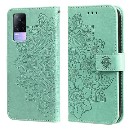 Mint green embossed floral wallet phone case with card slots and magnetic strap