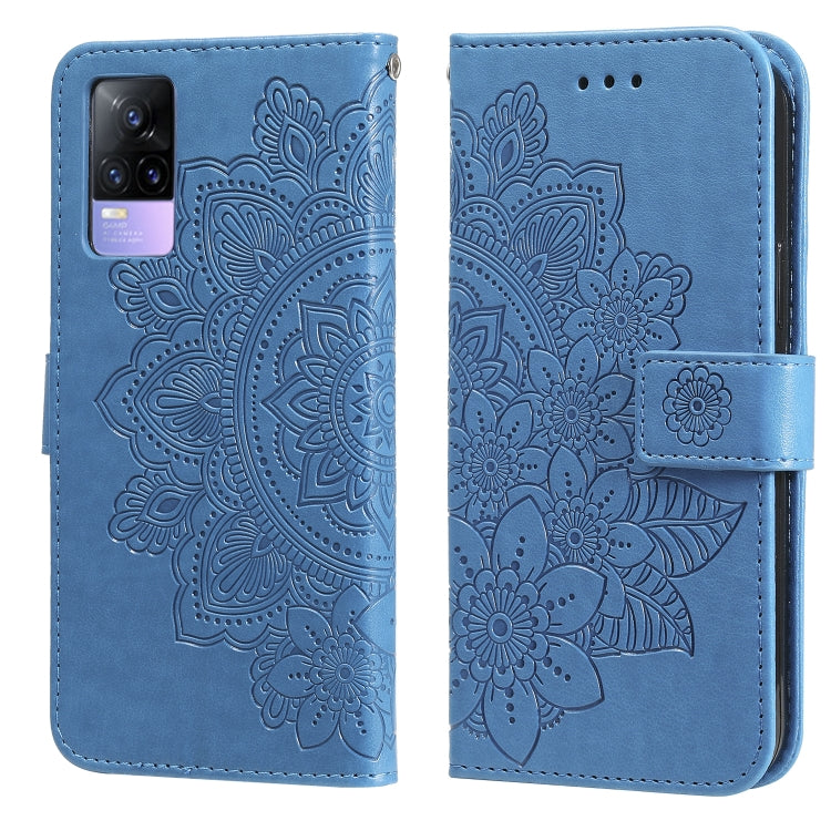 Blue embossed floral folio phone case with card slots and magnetic front strap