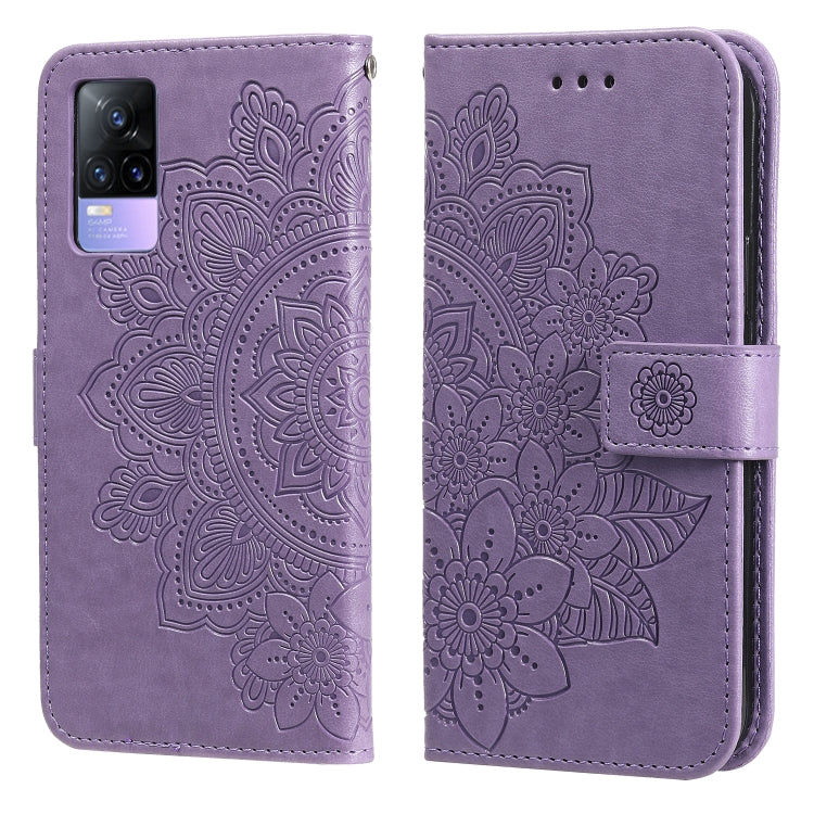 Purple embossed floral PU leather flip phone case with magnetic strap and cutout camera area