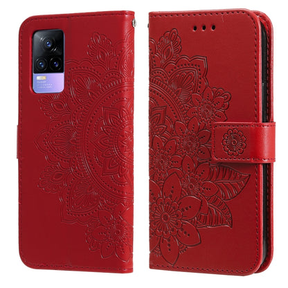 Red embossed floral PU leather flip phone case with magnetic strap and camera cutout