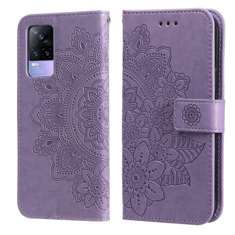 Lavender PU leather flip phone case with embossed floral pattern, card slots and holder