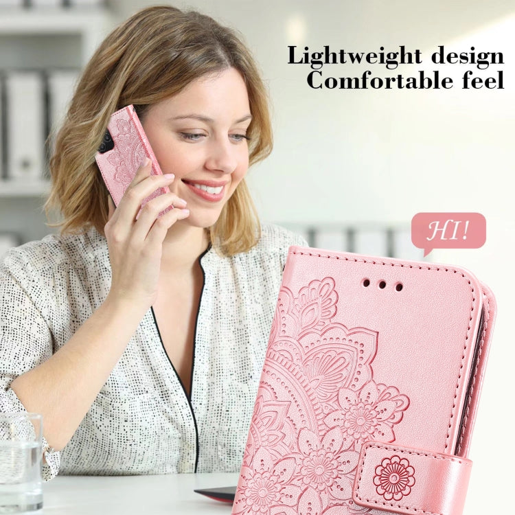 Rose gold PU leather flip phone wallet case with embossed floral pattern, card slots