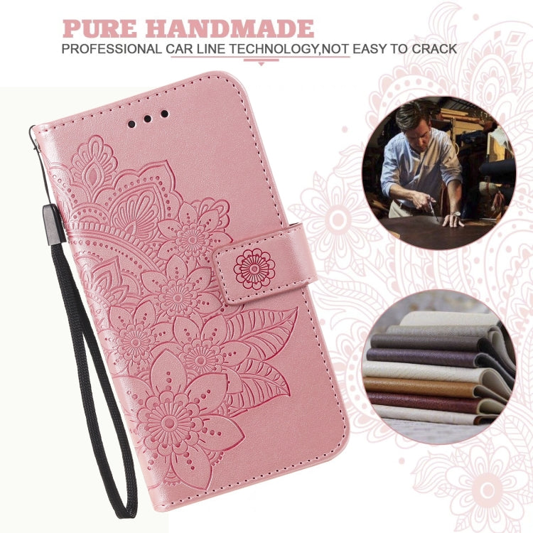 Rose gold PU leather phone wallet case with embossed floral design and hanging wrist strap