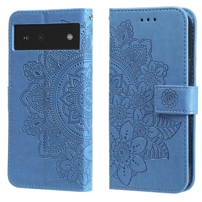Blue PU leather phone wallet case with embossed floral pattern and flip cover
