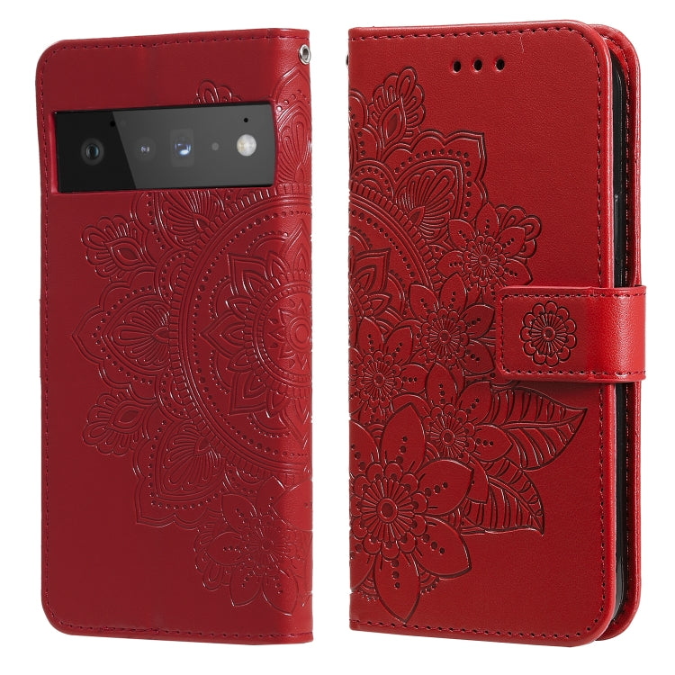 Red PU leather flip phone case, embossed floral mandala pattern, card slots