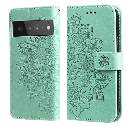 Mint green PU leather flip phone case, embossed floral mandala pattern, card slots