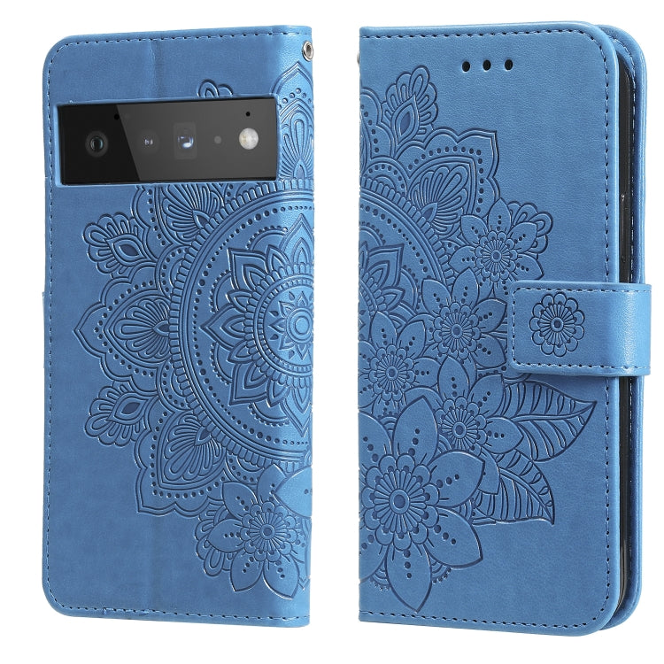 Blue PU leather flip phone case, embossed floral mandala pattern, card slots