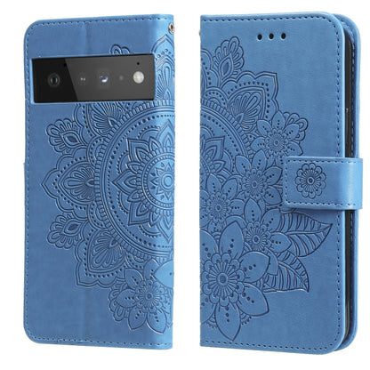 Blue PU leather flip phone case, embossed floral mandala pattern, card slots