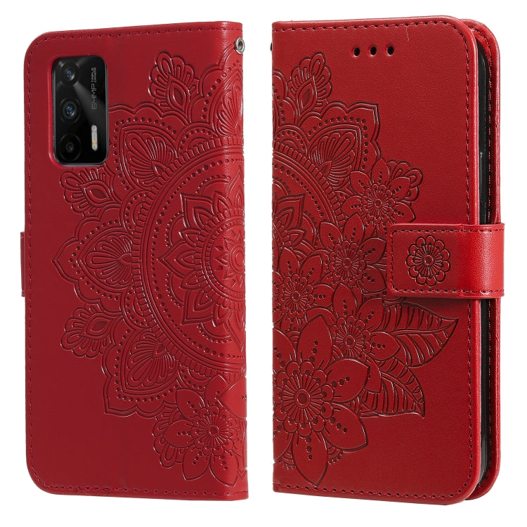 Red floral embossed PU leather phone wallet case with side magnetic strap and camera cutout