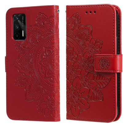 Red floral embossed PU leather phone wallet case with side magnetic strap and camera cutout
