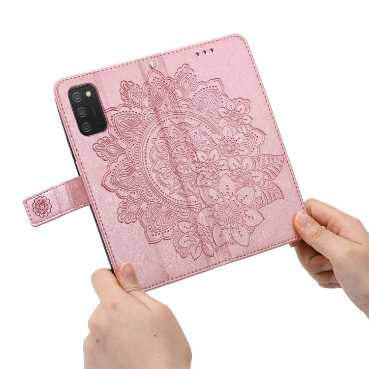 Rose gold PU leather flip phone wallet case with embossed floral mandala pattern.