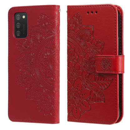 Red PU leather flip phone wallet case with embossed floral mandala design and closure strap.
