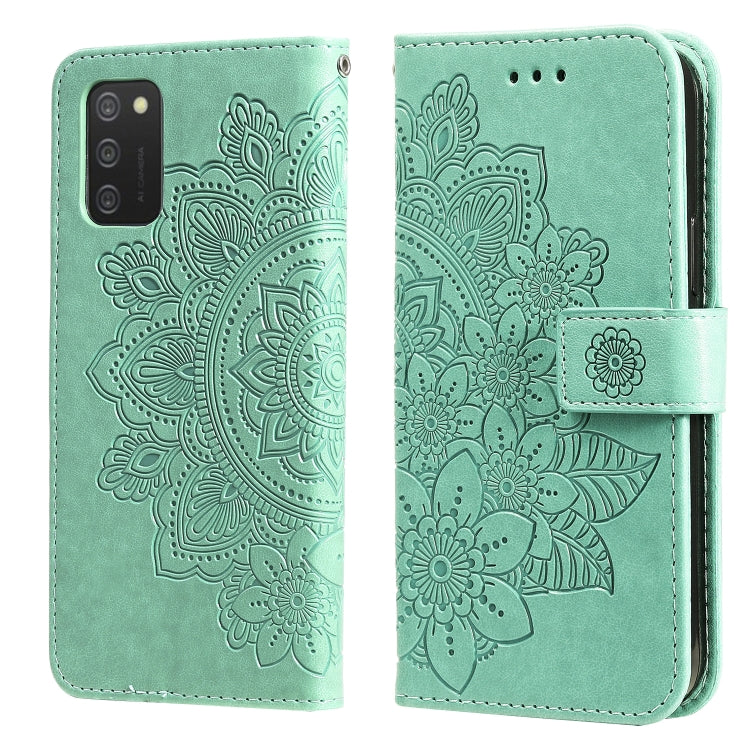 Green PU leather flip phone wallet case with embossed floral mandala pattern and closure.