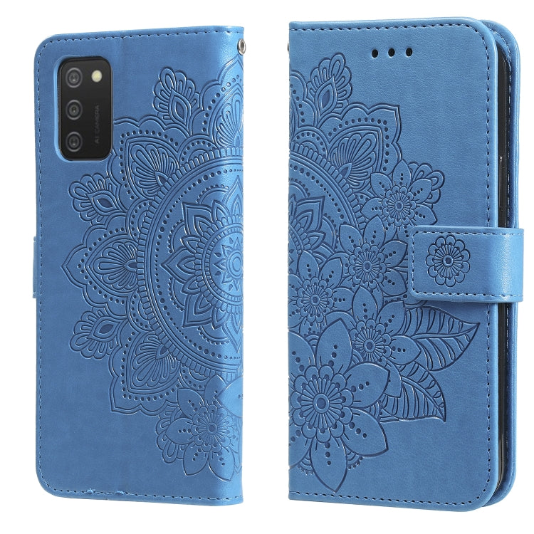 Blue PU leather flip phone wallet case with embossed floral mandala design and closure band.