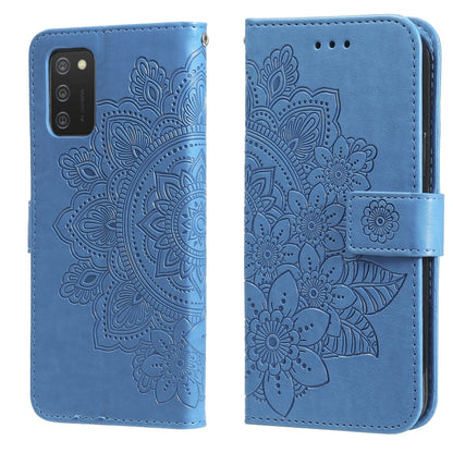 Blue PU leather flip phone wallet case with embossed floral mandala design and closure band.