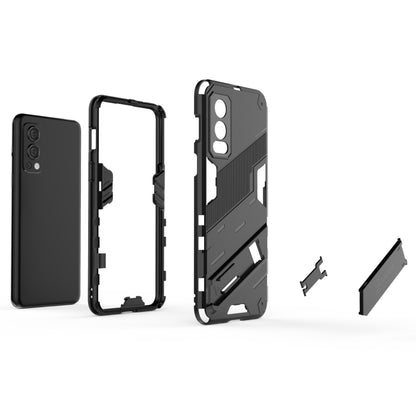 Shockproof phone case set with back cover, frame pieces, and kickstand component.