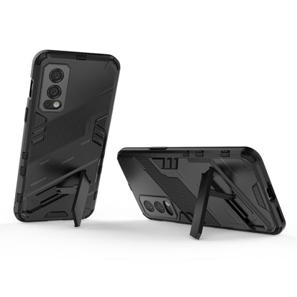 Black shockproof phone case with kickstand; cutouts for cameras and side buttons.