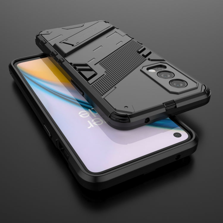 Black shockproof phone case with kickstand; bumper edges protect the phone screen.