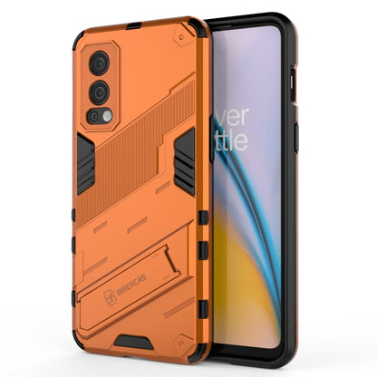Orange shockproof phone case with rugged 2-layer armor design and textured grip panel