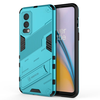 Blue-green shockproof phone case with rugged 2-layer armor design and raised protective edges