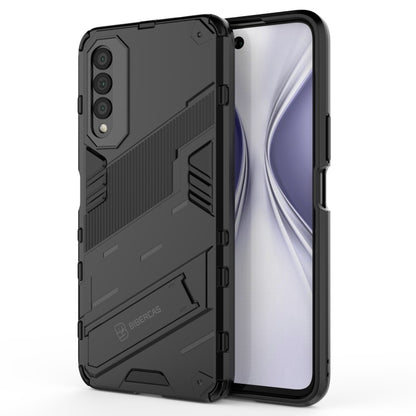 Black shockproof phone case with kickstand; rugged textured back and camera guard.