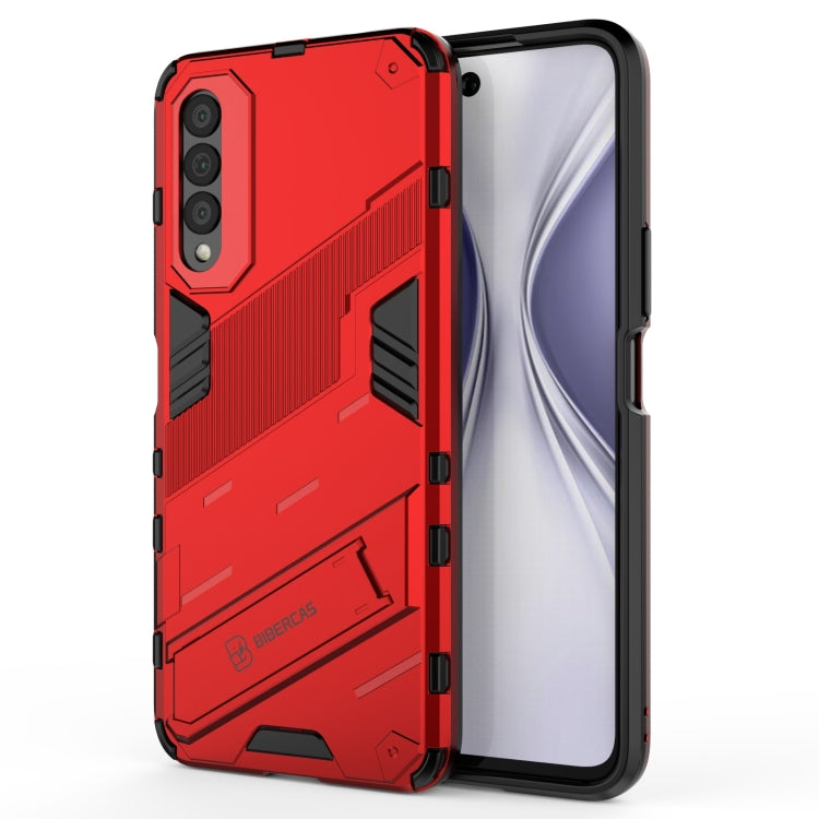 Red shockproof phone case with kickstand; rugged texture and camera cutouts.