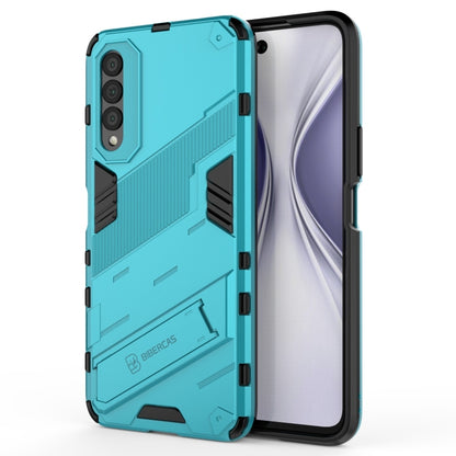 Blue shockproof phone case with rugged 2-layer armor style, textured grip and raised corners