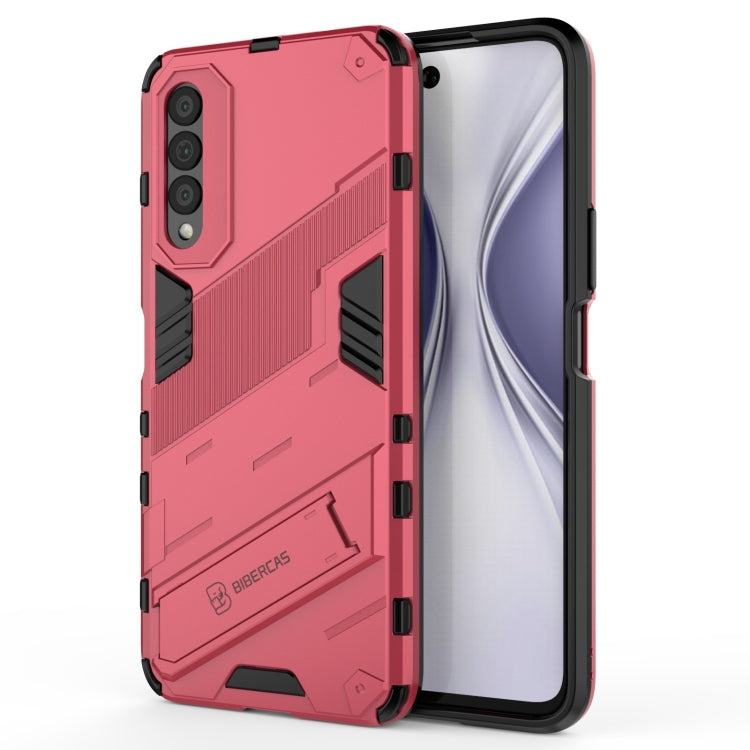 Red rugged 2-in-1 phone case with PC back and TPU bumper, front and rear visible