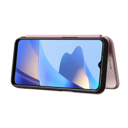 Pink magnetic flip phone case holding phone in landscape viewing position