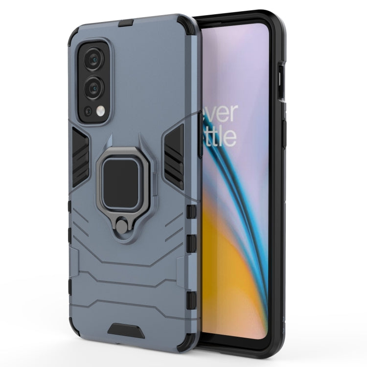 Rugged shockproof phone case with magnetic ring holder, dark blue back and camera cutouts