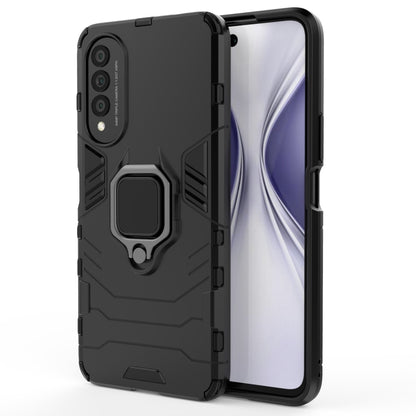 Shockproof protective phone case with magnetic ring holder, black rugged armor design