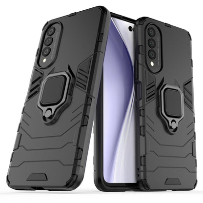 Rugged black protective phone case with magnetic ring holder, front and back view