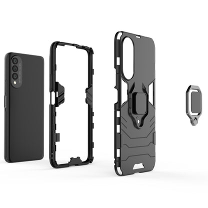 Black rugged protective phone case set with magnetic ring holder and open frame