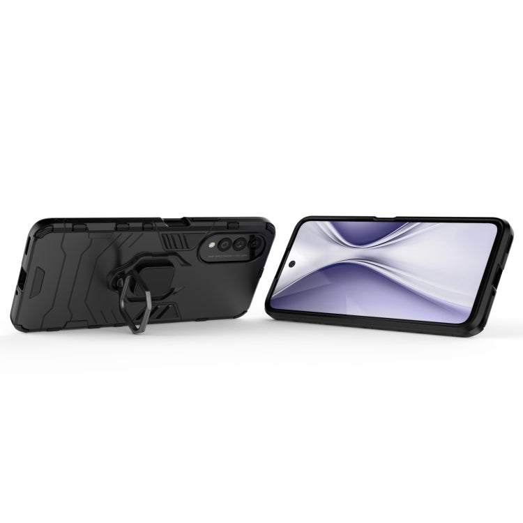 Black rugged protective phone case with magnetic ring holder, side profile with phone