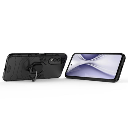 Black rugged protective phone case with magnetic ring holder, side profile with phone