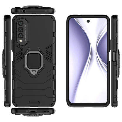 Black shockproof protective phone case with magnetic ring holder, back and front views
