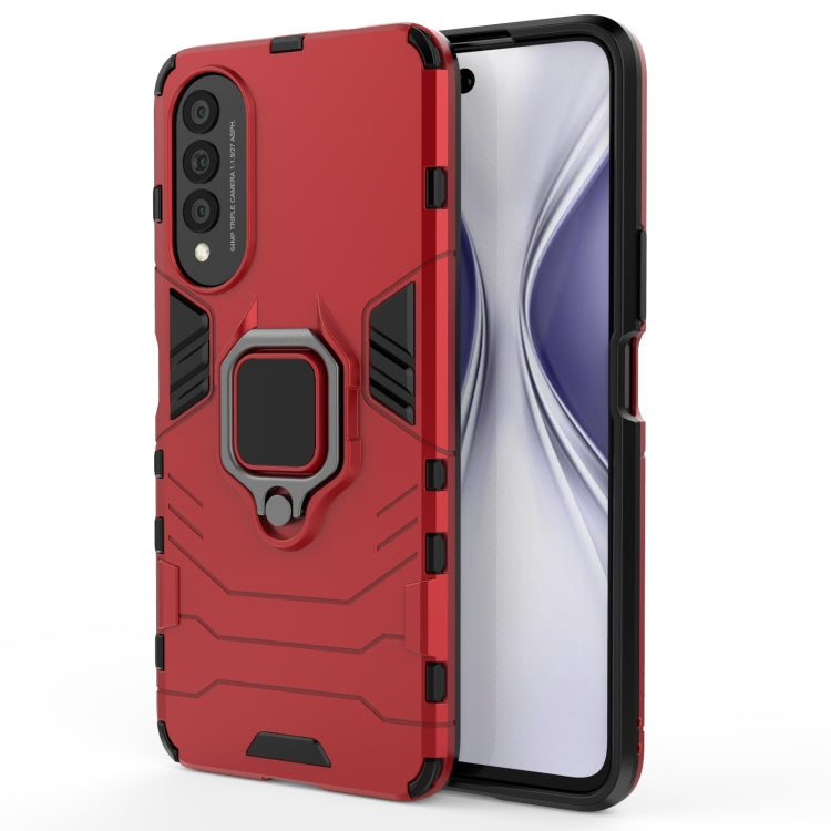 Red rugged protective phone case with magnetic ring holder, front and back view