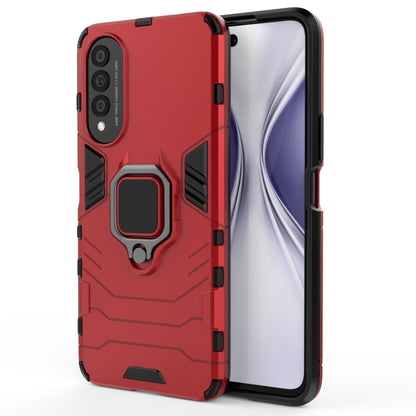 Red rugged protective phone case with magnetic ring holder, front and back view