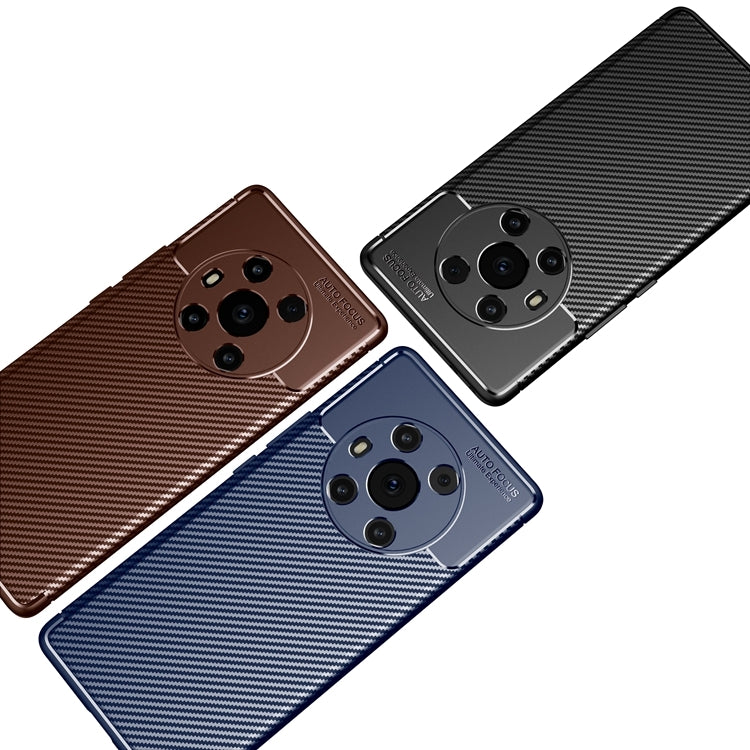Carbon fiber texture phone case in black, blue, and brown with camera cutouts