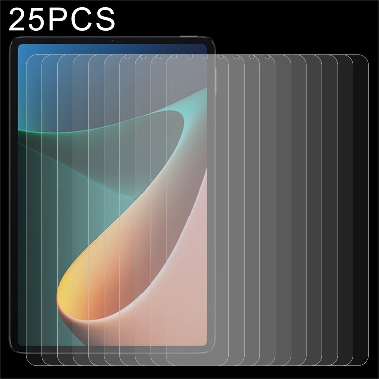 Set of 25 tempered glass screen protectors for tablet, layered on front display